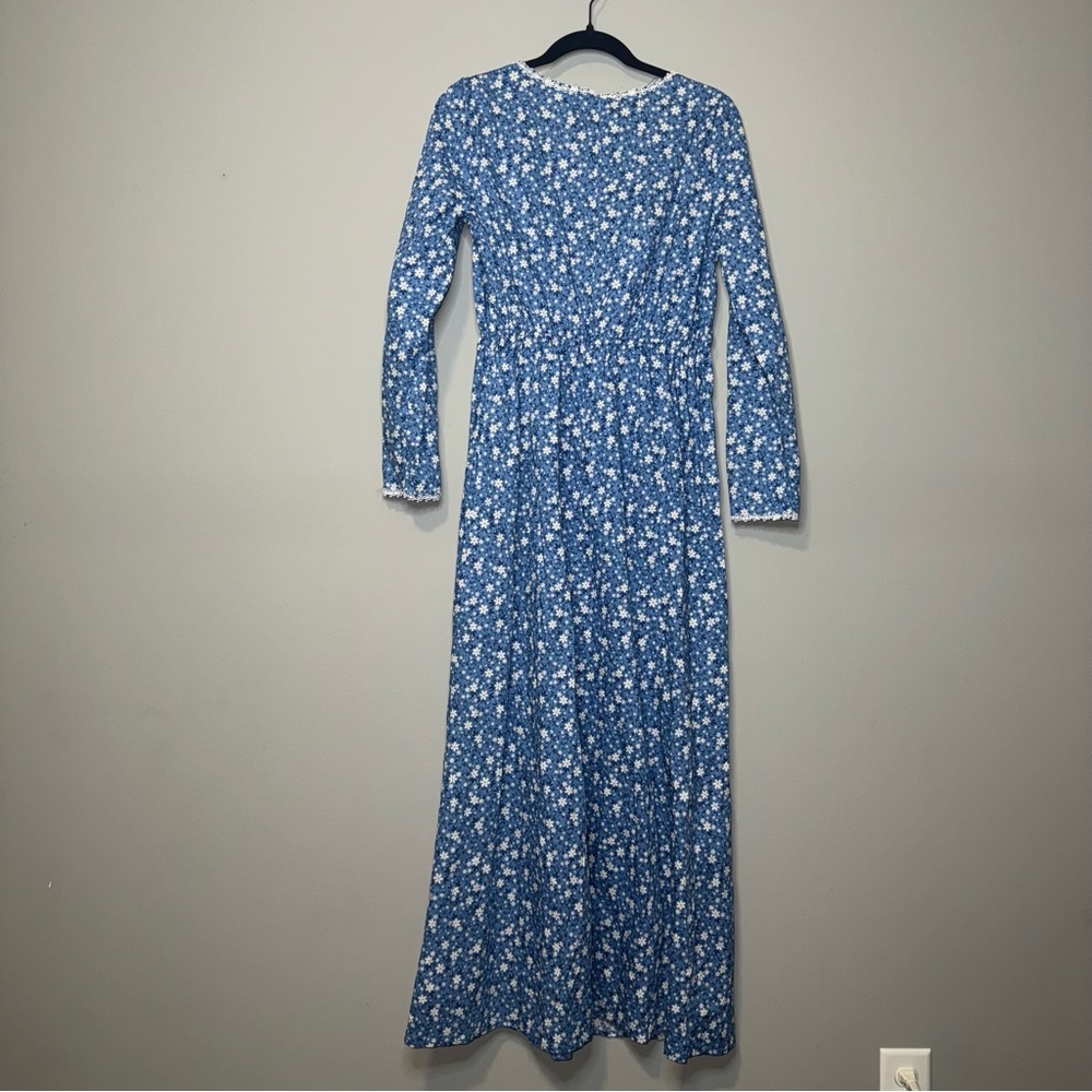 Scarlet Darkness Blue Floral Maxi‎ Dress Long Sleeve Lace Trim Womens M - Picture 6 of 6